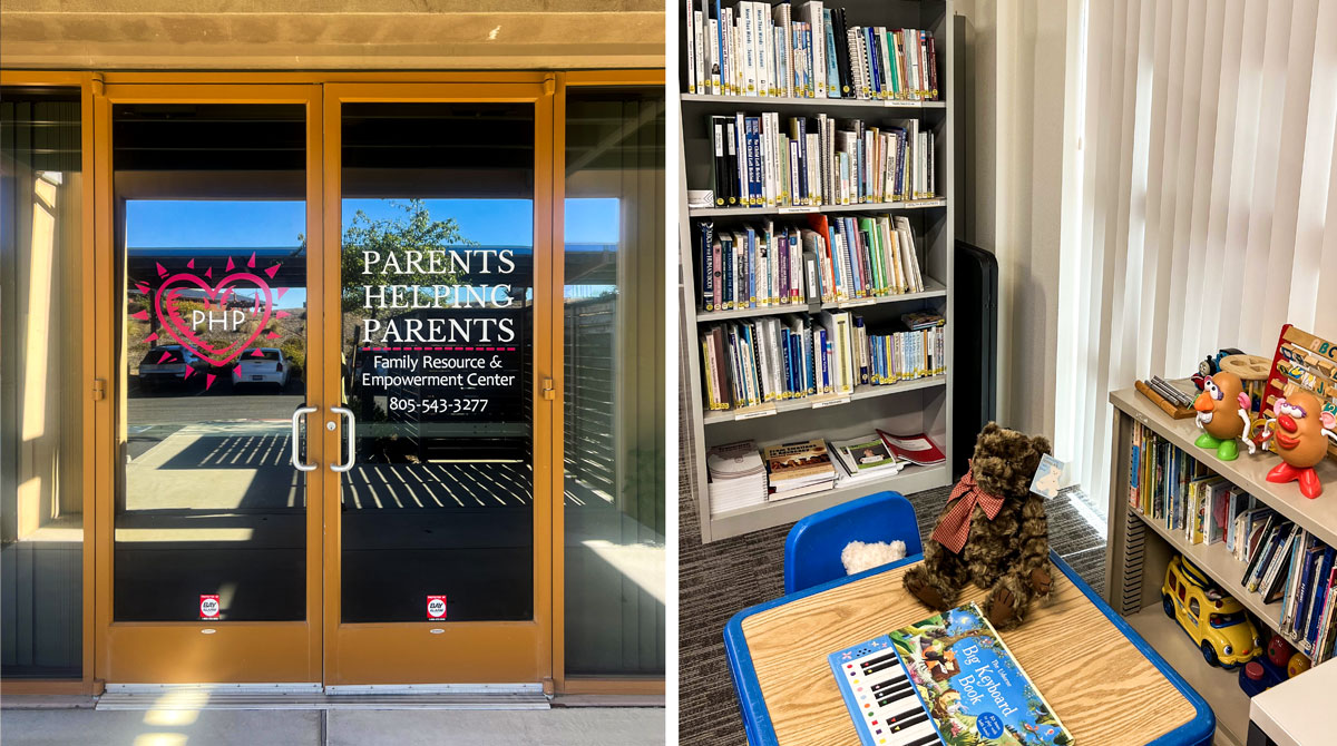 The entrance to PHP San Luis Obispo is shown along with an interior shot showing toys and books available.